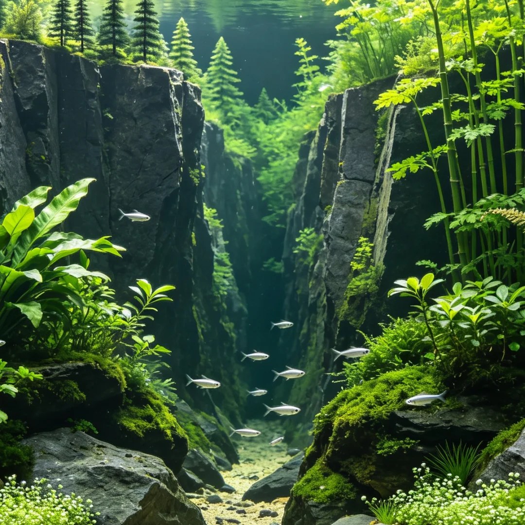 A planted aquascape canyon with small schooling fish